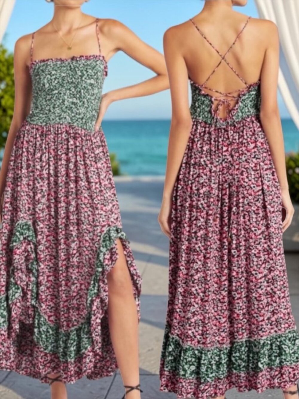 Free People One I Love Dress M Floral Maxi Ruffle Sleeveless Summer